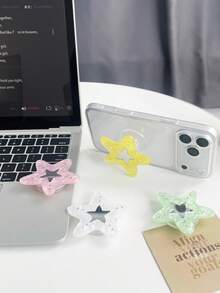 高級大理石紋水鑽五角星化妝鏡 MagSafe 磁吸氣墊手機支架 可折疊伸縮吸附式追劇環扣支撐架 - 綠色 - 查看 5