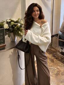 NOVELLE Women's Elegant Cream White One-Shoulder Faux Mink Knit Sweater, Slouchy Pullover, Suitable For Autumn/Winter Dating, Party, Daily Commute, Street Wear - Apricot - View 4