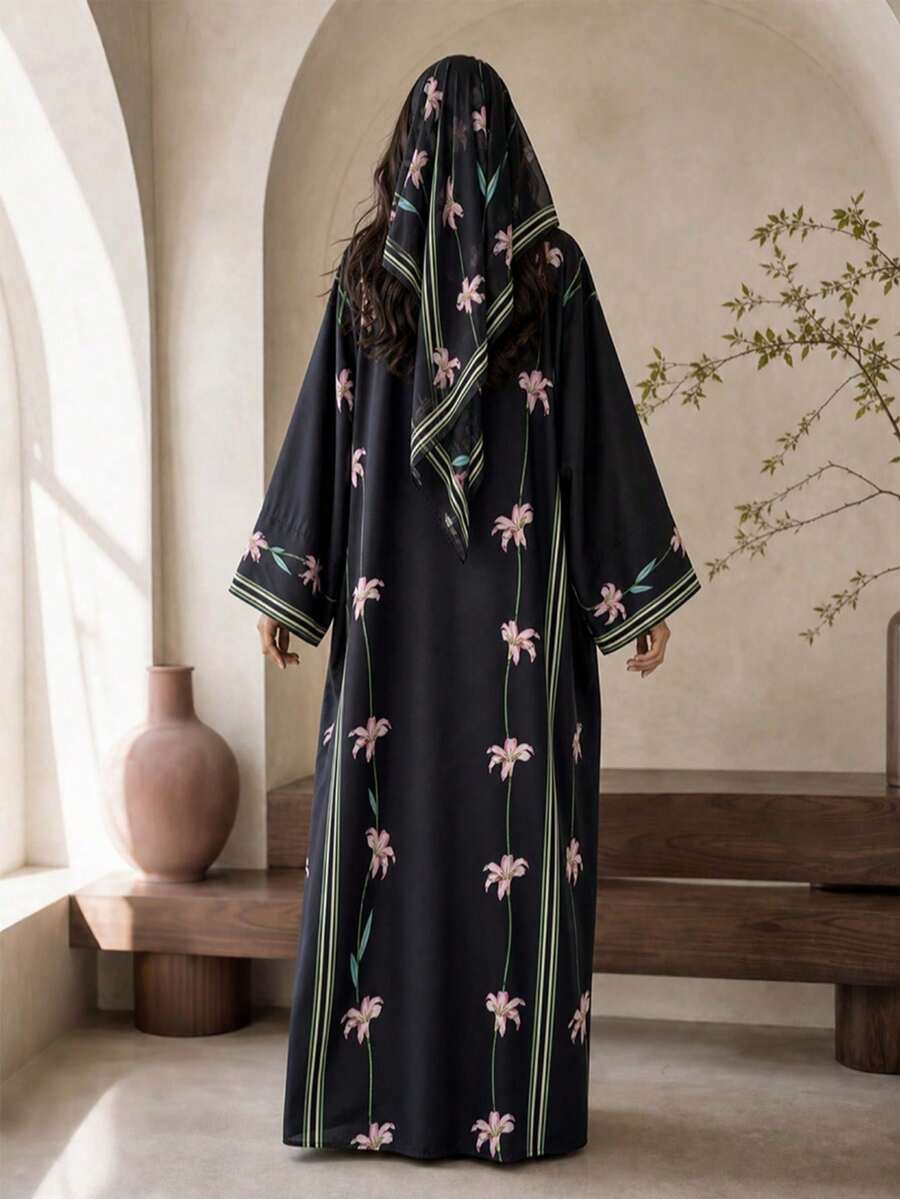 Hafizah Modest Printed Cardigan & Hijab 2 Pieces Abaya Set, Elegant Versatile Long Robe For Outdoor Wear - Black - View 1