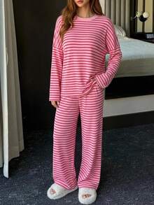 DAZY Women's Casual Striped Print Loose Round Neck Long Sleeve Pajama Set, Comfortable Loungewear Set - Rose Red - View 5