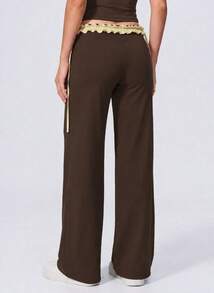 Never me Women's Loose Wide Leg High Waist Ruffle Waistband Side Drawstring Yoga Pilates Outdoor Jogging Daily Commute Casual Sports Pants - Brown - View 2