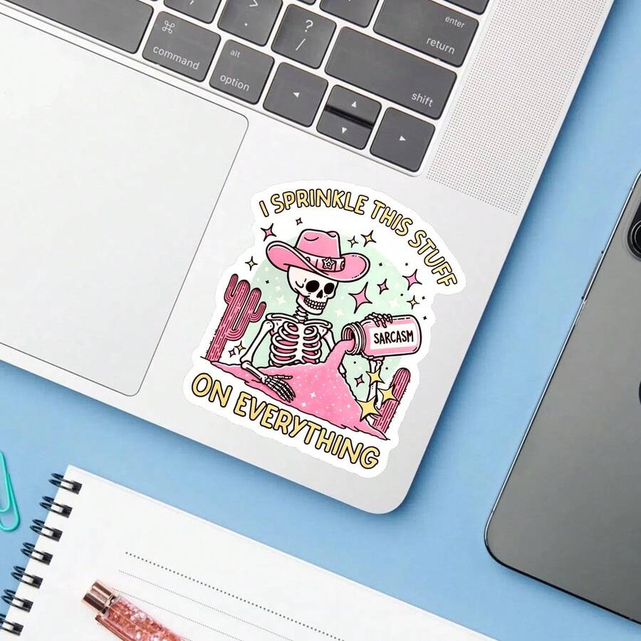 1PC Funny Skeleton Slogan Decal Sticker, Spooky Aesthetic Vinyl Sticker For Kindle Laptop, Waterproof Laptop Sticker For Water Bottle Journal Travel Case, Quirky Halloween Gift For Sibling Friends Teens - Multicolor - View 1