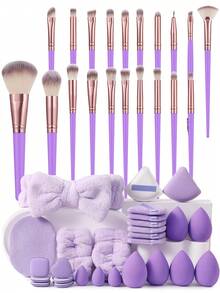 20/27/47Pcs All-In-One Makeup Tool Set,20Pcs Professional Makeup Brushes, Soft Brushes For Foundation,Powder Blusher & Eyeshadow, Comes With Makeup Sponges, Triangle Puffs, Facial Sponge, Hair Band & Wristbands, Portable Makeup Tools - Mauve Purple - View 1