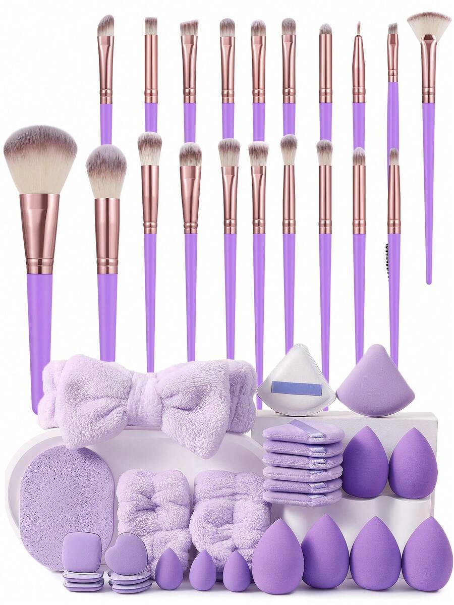 20/27/47Pcs All-In-One Makeup Tool Set,20Pcs Professional Makeup Brushes, Soft Brushes For Foundation,Powder Blusher & Eyeshadow, Comes With Makeup Sponges, Triangle Puffs, Facial Sponge, Hair Band & Wristbands, Portable Makeup Tools - Mauve Purple - View 1