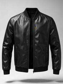 American Style Premium Baseball Collar PU Leather Jacket, Loose Casual Motorcycle Style Men's Leather Coat - Black - View 1