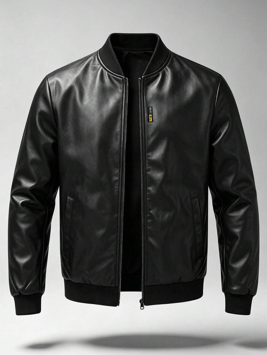 American Style Premium Baseball Collar PU Leather Jacket, Loose Casual Motorcycle Style Men's Leather Coat - Black - View 1
