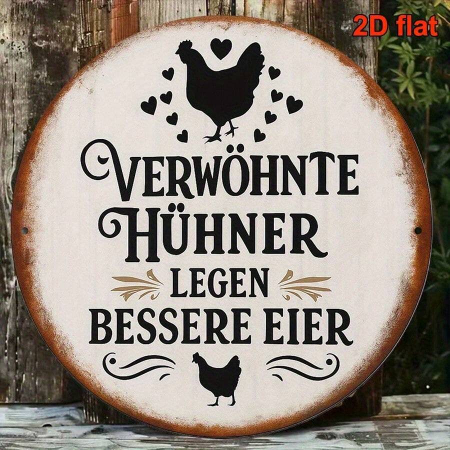 2D Flat, 1pc Vintage French Farmhouse Sign - 8 Inch Round German-French Bilingual Metal Hanging Plaque With Rooster And Hen Silhouette, Suitable For Cafe, Garden Or Countryside (Outdoor Use), Perfect Accent For Room Decor (Random Style) - A - View 1