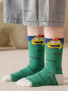 5 Pairs Spring/Autumn/Winter Children's Socks, Suitable For 1-16 Years Old Boys, Fashionable Cute Cartoon Car Color-Block Striped Letter Mid-Calf Socks, Breathable And Comfortable, Suitable For Daily Wear/Vacation Outfit/School Outfit - Multicolor - View 5