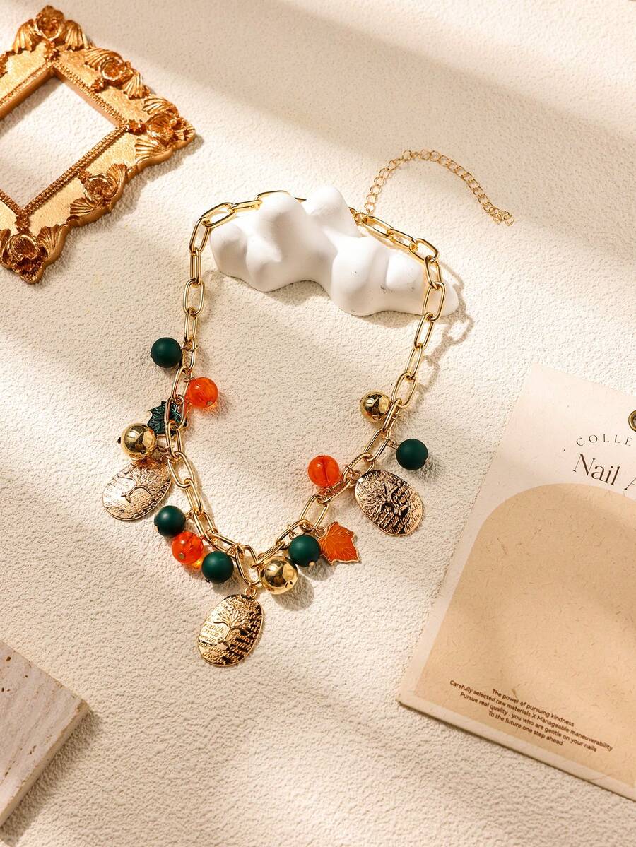 1pc Women's Bohemian Style Round Alloy Oval Pendant Necklace With Tree Pattern - Multicolor - View 1
