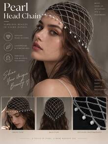 STONEFANS 1pc Vintage Metal Mesh Pearl Headpiece With Draping Small Pearls And Tulle Forehead Ornament, Evening Party Atmosphere Hair Chain - Silver - View 4