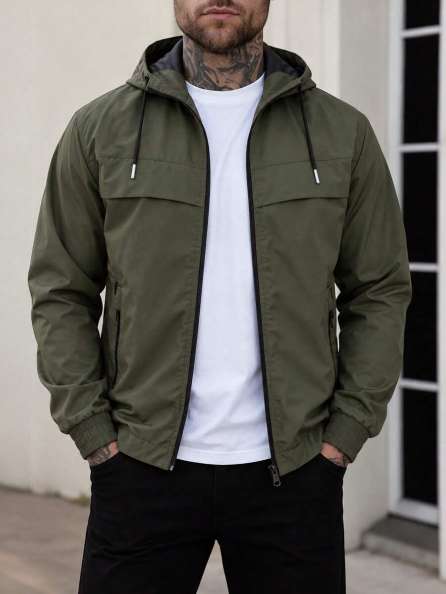 Men's Lined Waterproof Hooded Raincoat (With Pockets) - Khaki - View 1