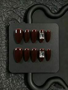 10pcs Handmade Press-On Nails, Pointed Almond Shape, Autumn/Winter Christmas Style. Deep Burgundy Solid Color Nail Surface With Rectangular Large Rhinestone Decor, Minimalist Elegant Style, Suitable For Christmas, Comes With Full Set Of Manicure Tools, Perfect For Women's Personal Use Or Gift - Brown - View 11