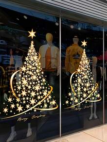 2pcs Christmas Tree Glass Stickers - No Bulb No Power Window Decor, Creative Holiday Atmosphere Stickers - Gold - View 1