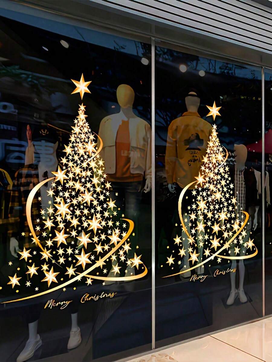 2pcs Christmas Tree Glass Stickers - No Bulb No Power Window Decor, Creative Holiday Atmosphere Stickers - Gold - View 1