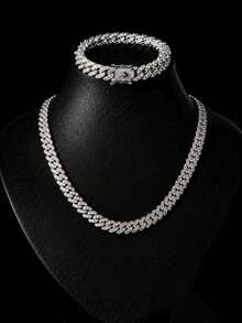9mm Shiny Chunky Chain Design Rhinestone Studded Hip Hop Bracelet + Necklace Set, Suitable For Daily Wear And Party Decoration - Hip Hop Necklace Set - View 11