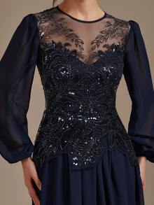 EVERPRETTY Autumn Plus Size Luxury Elegant Heavy Beaded Embroidery Long Sleeve Formal Evening Gown Suitable For Evening Party Formal Occasions Anniversary - Navy Blue - View 2