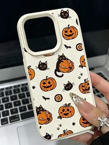 Phone Case: Pumpkin Cat Bat Pattern Drop-Proof Lychee Texture Phone Case, Compatible With Iphone 18 17 16 15 14 13 12 11 Plus Pro Max Series, Stylish And Full-Coverage Design, Ensuring A Perfect Fit And Lightweight Protection - Beige - View 4