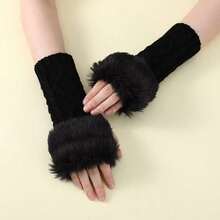 1 Pair Women's Coffee Color Short Fingerless Knit Gloves, Winter Warm & Fashionable - Multicolor - View 8