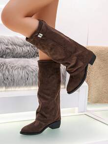 Women's Vintage Ruched Western Tall Boots, Metal Buckle Decor Low Heel Faux Suede High Shaft Cowboy Boots - Brown - View 1