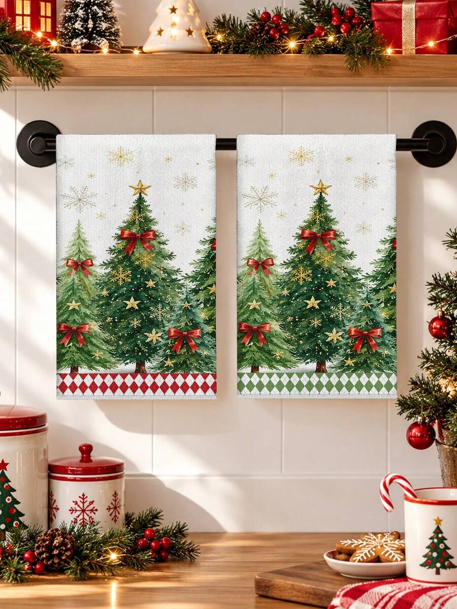 2pcs Christmas Decorative Hand Towels, Watercolor Christmas Tree Pine Tree Red Bow Gold Star Snowflake Print, Red And Green Plaid Hem, Kitchen Bathroom Towels, Farmhouse Winter Holiday Home Decor - Multicolor - View 1