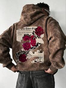 Men's Faux Washed Distressed Rose & Newspaper Print Hoodie, Loose Casual Pullover Sweatshirt - Brown - View 3