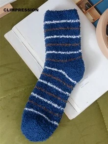 CLIMPRESSION Men's Striped Plush Crew Socks, Thick Fuzzy Coral Fleece Mid Calf Socks, Warm Winter Thermal Home Sleeping Socks - Blue - View 9