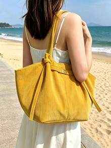 Women's Corduroy Large Capacity Tote Bag, Knot Decor Shoulder Bag Casual Soft Fabric Shopping Handbag For Daily Commute - Yellow - View 5