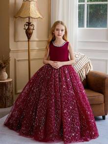 Tween Girl Burgundy Sleeveless Bow Back Deep V Mesh Party Dress Princess Gown, Suitable For Children's Birthday Gift, Banquet, Flower Girl, Wedding, Prom, Party, Important Occasions, Holiday Celebration - Burgundy - View 3