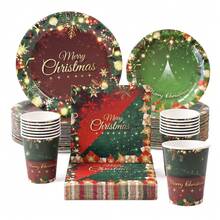 10/20/50/80 Pcs,Merry Christmas Disposable Party Tableware Kit,Pine Branch Golden Snowflake Gift Box 7 Inch & 9 Inch Paper Plates Napkins And Cups,Festive Holiday Table Decor For Pre-Xmas Family Feast,Winter Wonderland Gathering - Multicolor - View 1