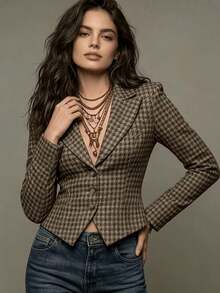 Women's Houndstooth Woven Blazer Jacket, Button Front Closure, Long Sleeve Slightly Dropped Shoulder Design, Regular Fit, Short Length, Wool Blend Fabric, Cinched Cinched Waist, Vintage Plaid Pattern, Notch Lapel - Mocha Brown - View 2