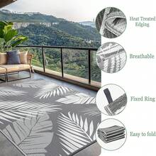 Karpet Luar Ruangan Tahan Air Ukuran 5ft x 8ft, Motif Jerami Plastik Bolak-balik, Cocok untuk Penggunaan Dalam dan Luar Ruangan, Ideal untuk RV, Teras, Patio, Halaman Belakang, Berkemah, Balkon, Piknik, Warna Abu-abu dan Putih - daun berwarna abu-abu dan putih - View 8