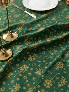 1PC Green Tablecloth With Gold Bell & Snowflake Pattern, Hot Stamping Craft, Farmhouse Christmas Style, Woven Fabric With Tassel Edge, Washable & Wrinkle Resistant, Decorative Table Cover For Dining Table, Xmas Holiday Party Decoration - Green - View 5