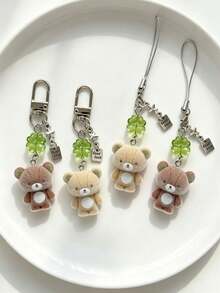 2Bear Keychain Phone Charm,Kawaii Coquette Bag Charm,Flocked Mini Bear Four Leaf Clover Good Luck Star Pendant,Sweet Aesthetic Backpack Key Ring Gift. - Multicolor - View 5