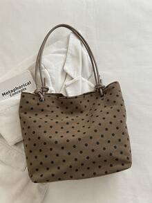 1pc Polka Dot Pattern Large Capacity Corduroy Shoulder Tote Bag, Polka Dot Shopping Bag, Mother's Day Gift, Foldable Suitable For School, Work, Travel, Suitable For Graduates, Teenagers, Students, Multi-Layer Design, Suitable For Beach, School, Work And Daily Use - Brown - View 5