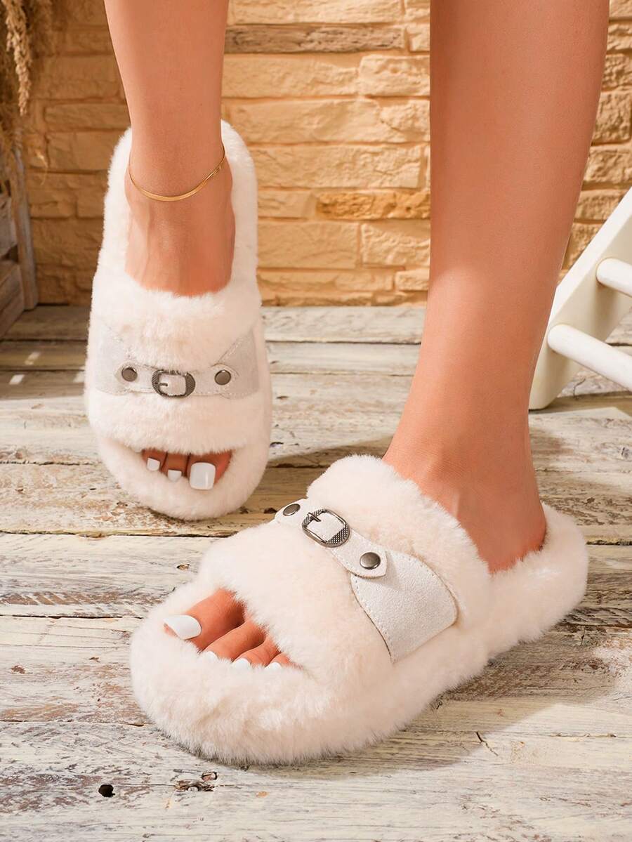 Women's Autumn/Winter Plush Slip-On Slippers With Metal Buckle Decor, Thick Sole Warm Fuzzy House Shoes - White - View 1