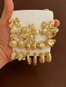 4-16pcs Women's Elegant Gold Stud Earrings Set, Exaggerated Large Five-Petal Flower, Bow, Shell, Conch Series Earrings Set, Made Of ABS Resin Material With High Color Retention Gold Plating Process, Resistant To Fading, Friendly To Sensitive Ears, Suitable For Daily Commute, Dating, Vacation And Holidays - Gold - View 11