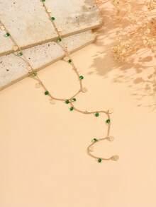 1pc Niche Design Asymmetrical Green Rhinestone Heart Tassel Decor Y-Shaped Long Necklace, Vintage Versatile Gold Women's Neck Jewelry, Suitable For Daily Wear, Parties And Music Festivals, Handmade Chain Cut By Length With Random Number Of Sections - Multicolor - View 3