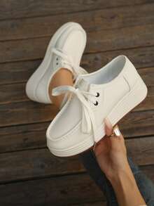 Women's Wedge Heel Thick Sole Loafers, Retro Leather Upper, Versatile Round Toe Front Lace-Up Casual Sneakers, Solid Color - White - View 2