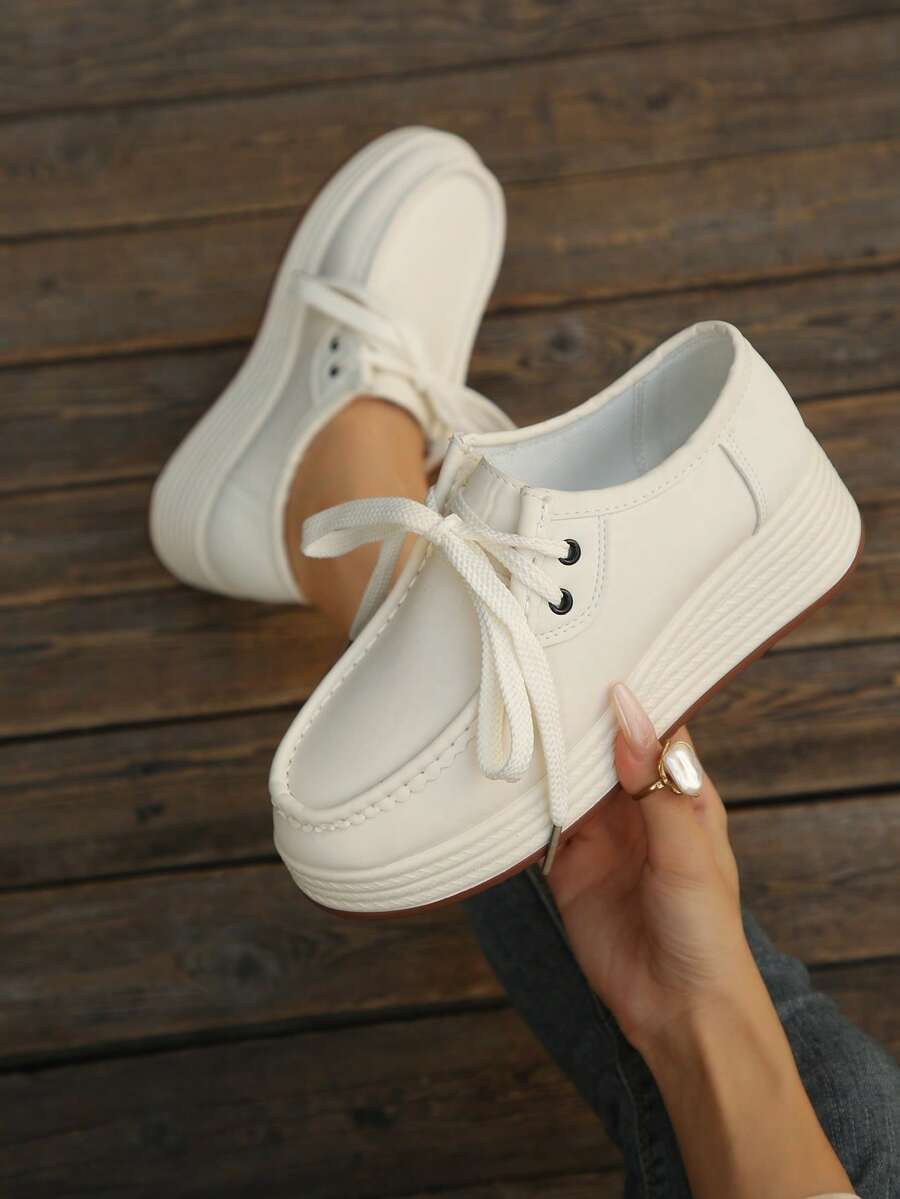 Women's Wedge Heel Thick Sole Loafers, Retro Leather Upper, Versatile Round Toe Front Lace-Up Casual Sneakers, Solid Color