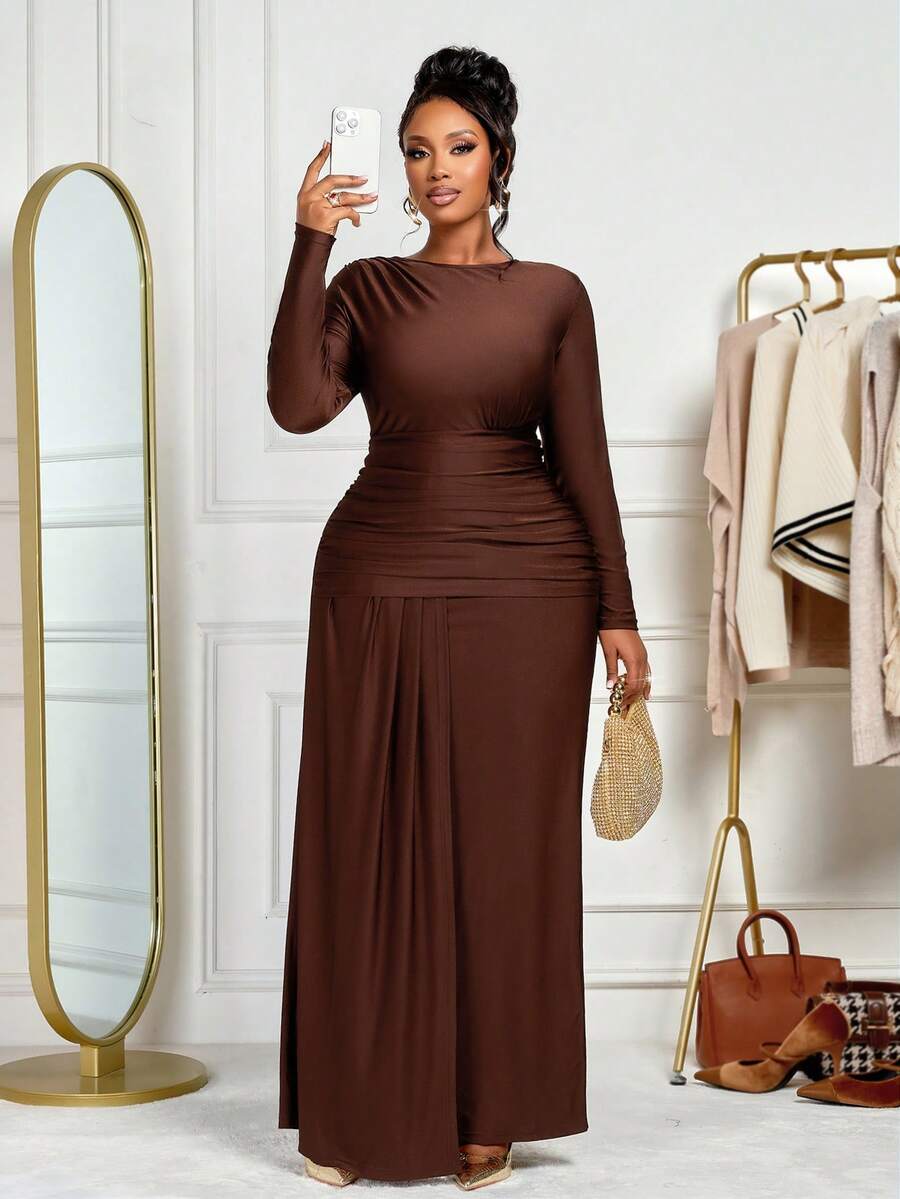 BIUBIU Chic Brown Long Maxi Dress With A Classic Round Neckline Long Sleeves And Ruched Accents Offering A Stylish Look For Formal Evening Wear - Brown - View 1