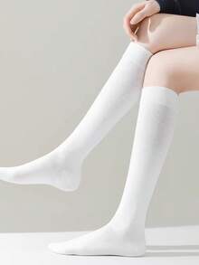 1/4 Pair Women's Pure White Ribbed Over-The-Knee Socks, Elastic Breathable Soft Knitted Casual Socks, Suitable For Daily Sports, Halloween, Christmas Party - White - View 2