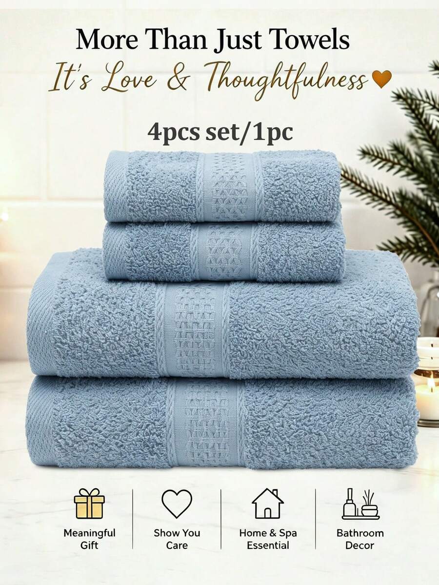 4PCS Towel Set 34x74cm+70x140cm/1pc Bath Towel/Square Towel, Terry Cotton - Absorbent Material - Suitable For Bathroom, Facial Care, Hand & Body Wiping, Home Decor, Kitchen Decor, Back To School Season, Autumn Decoration - Baby Blue - View 1