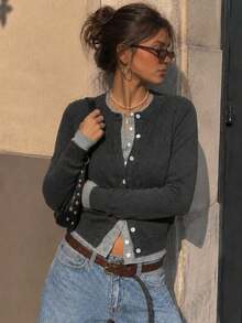 Women Vintage Gray 2 In 1 Knit Cardigan, Long Sleeve Crew Neck Front Button Sweater, Casual Fall Winter Fashion Top, Preppy Back To School Outfit - Grey - View 4