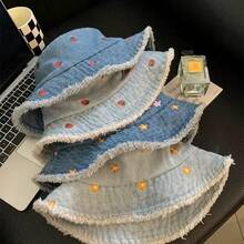 3pcs Light Blue Denim Women's Bucket Hat, Embroidered Floral Frayed Edge Bucket Hat, Big Head Friendly Slimming Face Sun Protection Bucket Hat - Multicolor - View 6
