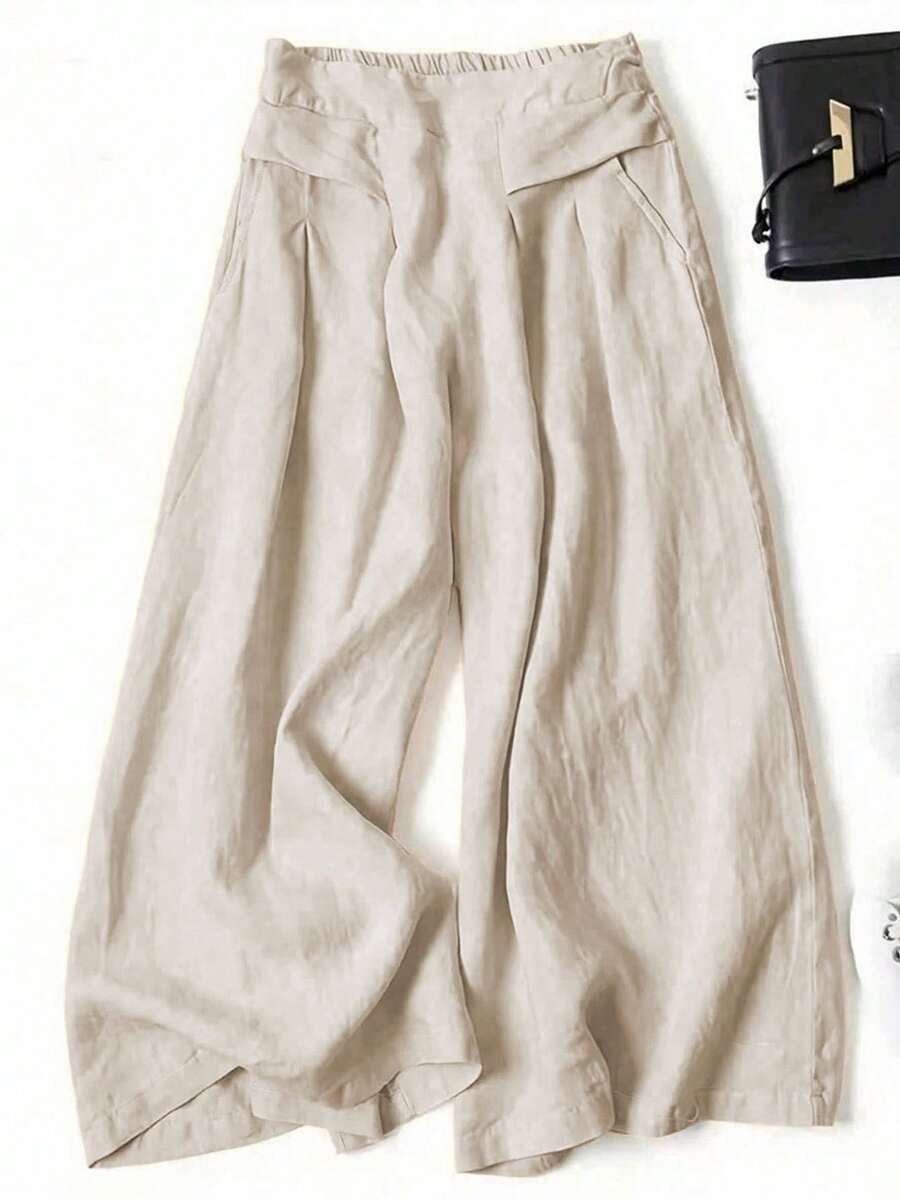 Women's Solid Color Casual Wide Leg Pants With Front Pocket Decor, Suitable For Autumn/Winter, Commuting, Halloween, Christmas - Khaki - View 1