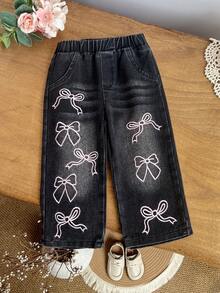 Baby Girl Sweet Girl Style 2-Piece Set: Letter Print 3D Black Bow Light Pink Crew Neck Sweatshirt + Multiple Pink Bow Embroidery Black & Gray Washed Straight Leg Denim Pants - Pink - View 5