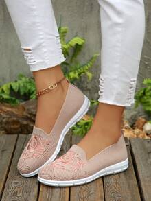 Women's Floral Embroidered Breathable Mesh Slip-On Casual Shoes - Pink - View 3