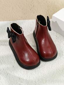 Girls' Burgundy Bow Decor Ankle Boots With Side Zipper, Thick Sole, Round Toe, Sweet Versatile Autumn/Winter Children's Shoes - Red - View 2