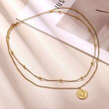 1pc Stainless Steel Asymmetrical Human Portrait Coin Necklace, Ins Style Vintage Minimalist Clavicle Chain For Women - Yellow Gold - View 8