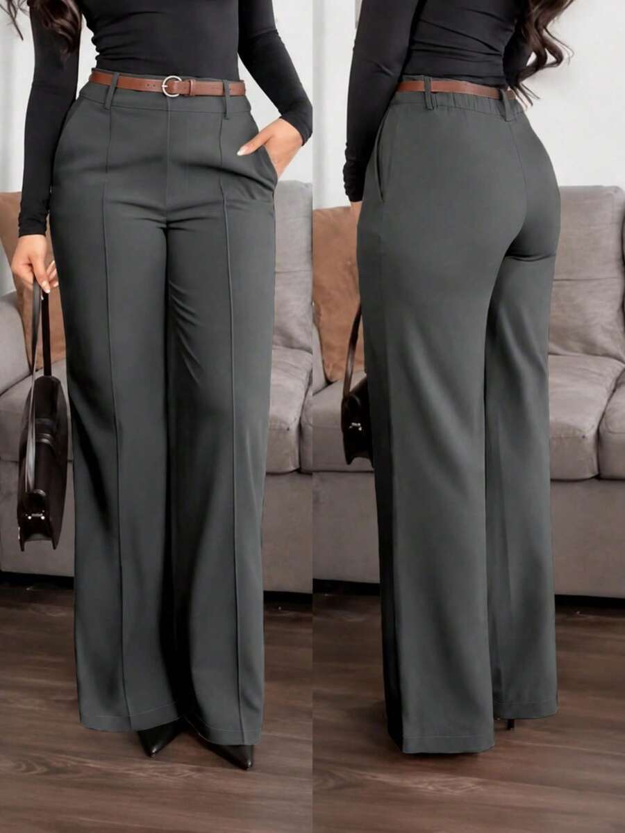 Women's Fashion High Waist Straight Leg Casual Pants Grey Woven Fabric Pockets Zipper (Belt Not Included) - Grey - View 1